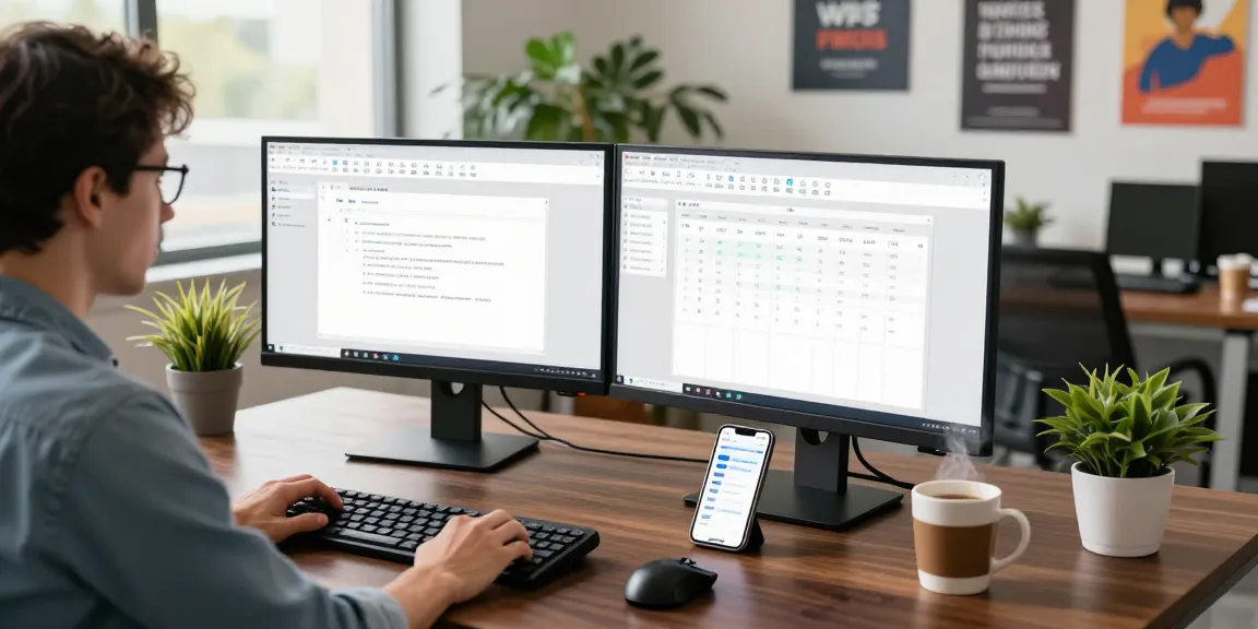 WPS Download interface displayed on dual monitors in a modern workspace setting