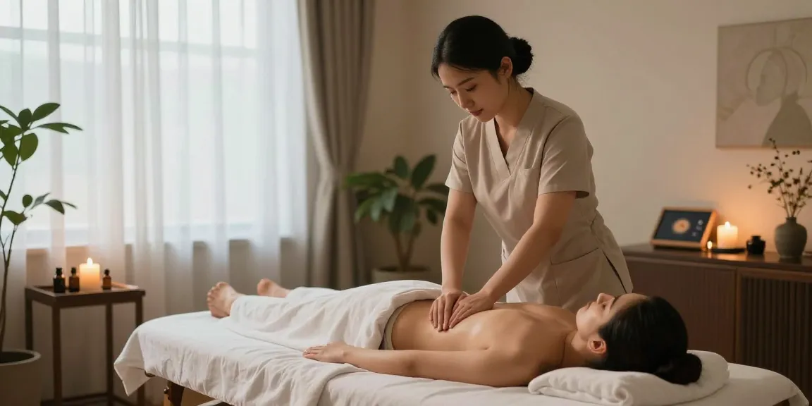 마사지 체험을 즐기는 고객과 마사지 전문가의 아늑한 스튜디오 모습