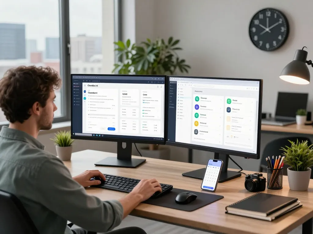Engaging workspace featuring Clawdbot AI interface on dual monitors, showcasing seamless productivity.