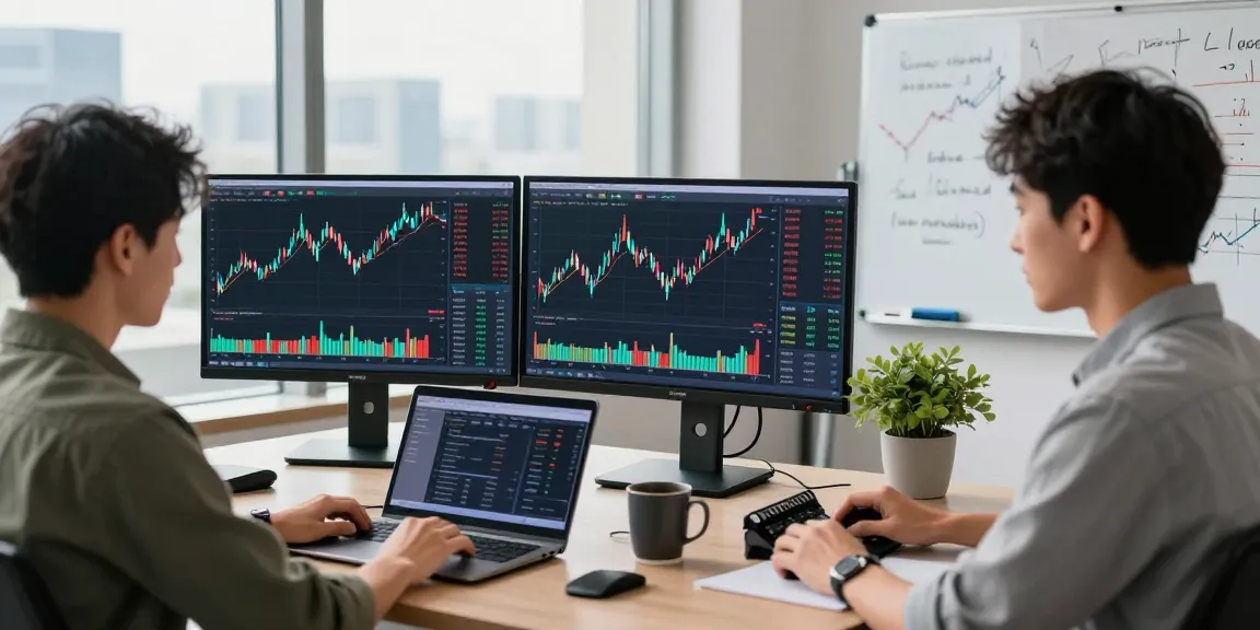 업투익스체인지 trader analyzing cryptocurrency charts in a modern office environment.