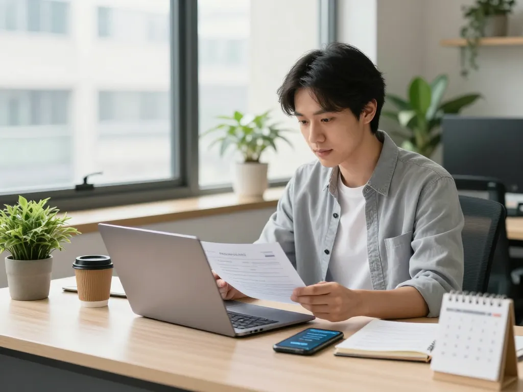전문가가 문서를 검토하는 사무실 작업 공간, 오피스타 서비스에 대한 신뢰를 반영합니다.
