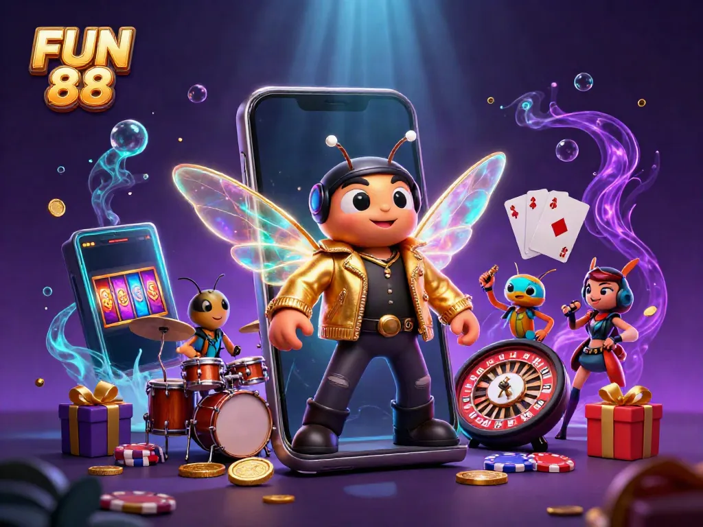 Experience exhilarating wins at FUN 88 with this vibrant illustration showcasing dynamic casino gaming.