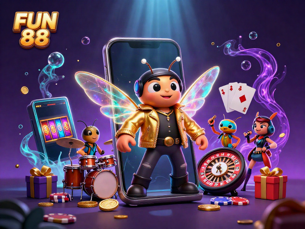 Experience exhilarating wins at FUN 88 with this vibrant illustration showcasing dynamic casino gaming.