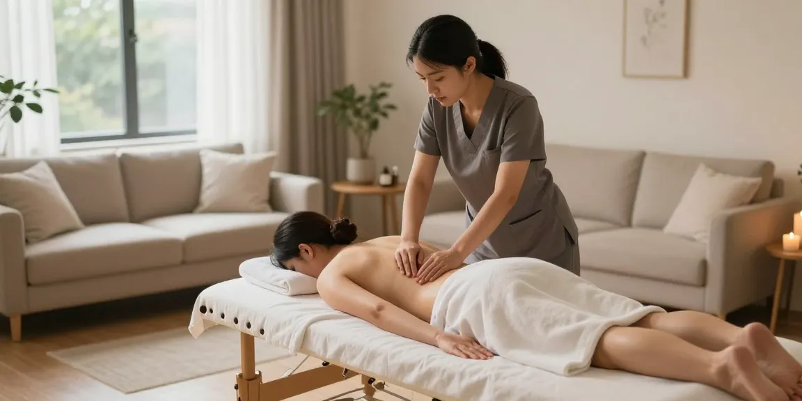 출장마사지 세션을 제공하는 마사지 치료사와 편안한 분위기의 실내 장면