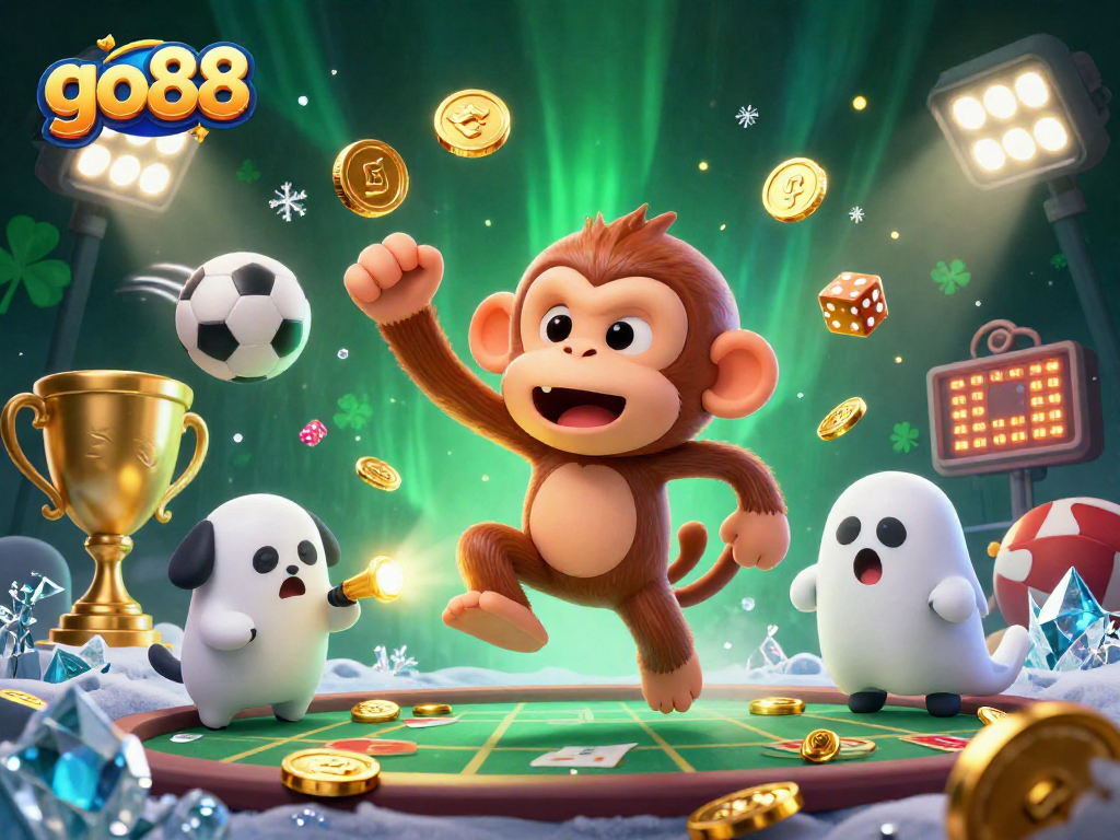 Experience thrills with go88 as a playful poltergeist monkey juggles in a haunted casino.