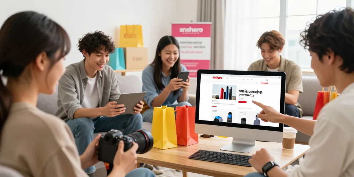 snshero.jp/productsでオンラインショッピングを楽しむ若いグループ