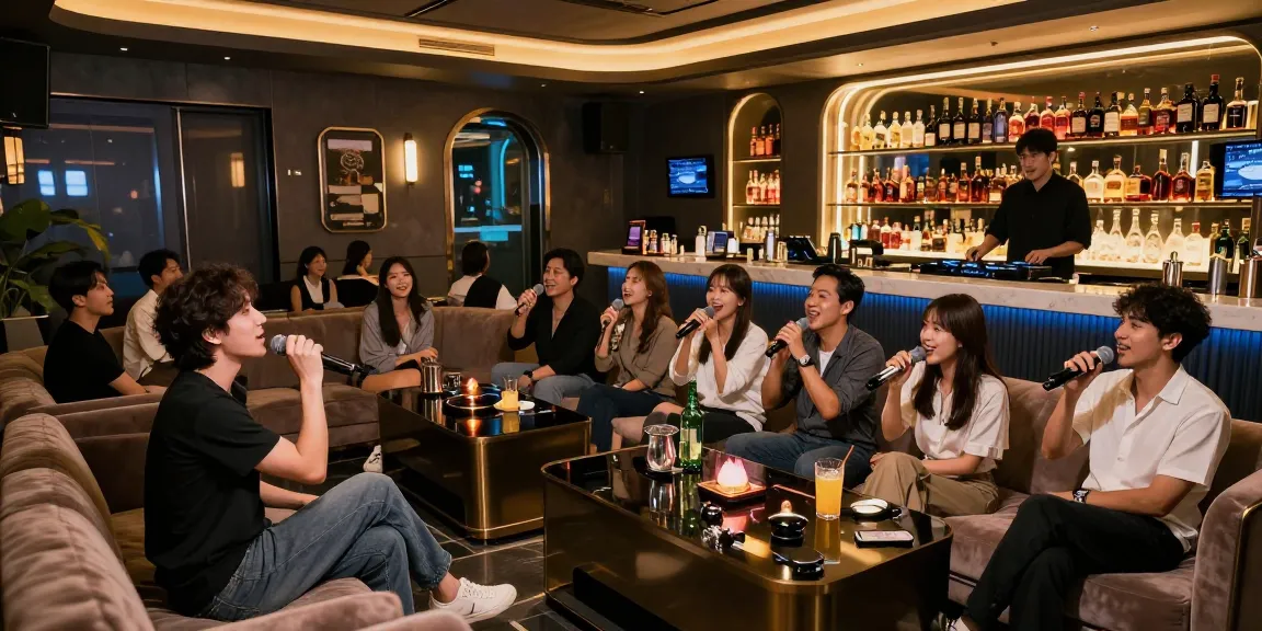 강남쩜오에서 프리미엄 노래방의 세련된 내부와 고객들의 즐거운 모습