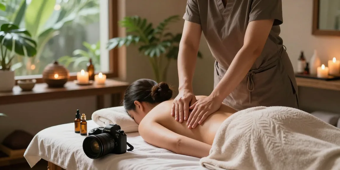 마사지 중인 고객과 전문 테라피스트, 아로마 오일과 촛불이 있는 편안한 스파 환경