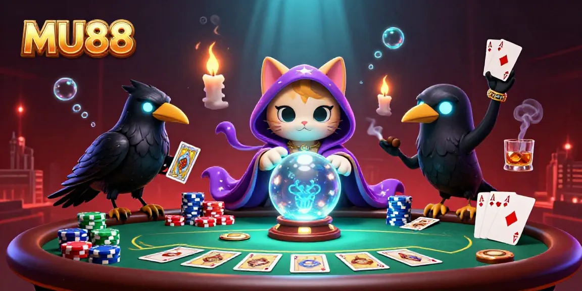 Join the thrilling action at MU88 with avatars like a mystic cat and a raven amidst vibrant poker elements.