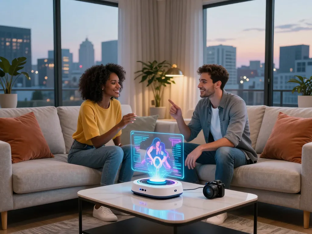 Couple interacting with AI sex technology in modern apartment, exploring intimacy.