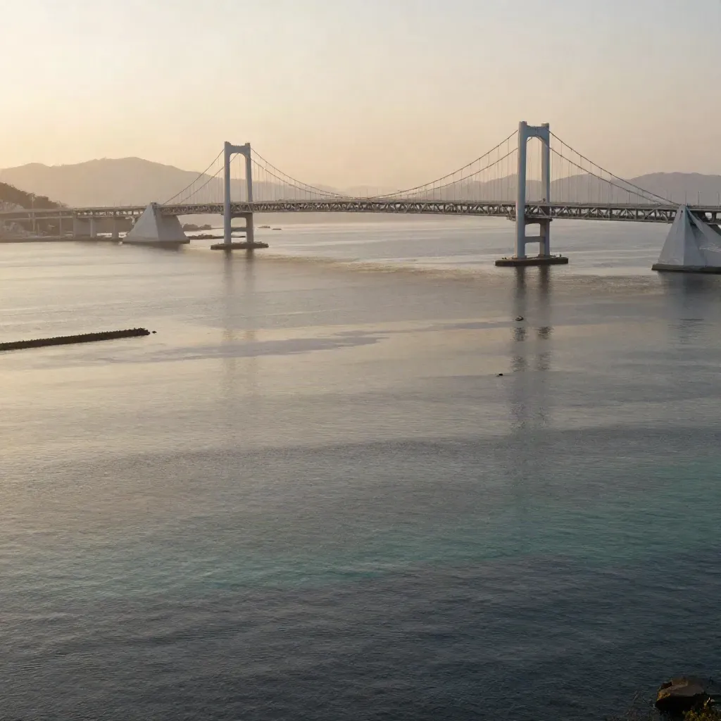부산 광안대교와 해운대 바다를 황금빛 노을과 옅은 해무로 담은 광역 풍경