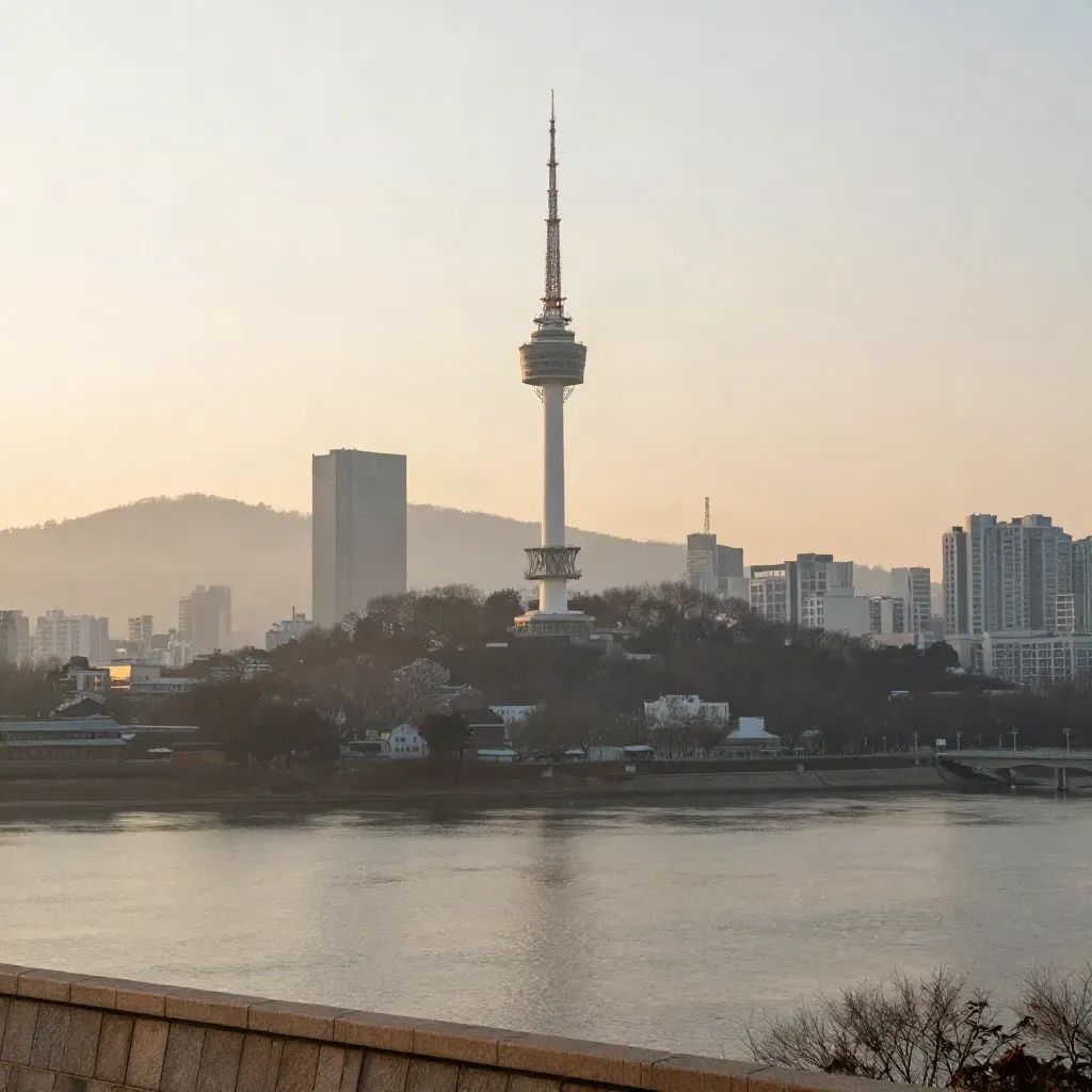 겨울 새벽 안개 속 서울 스카이라인과 남산타워가 한강 위로 높이 떠 있는 전경