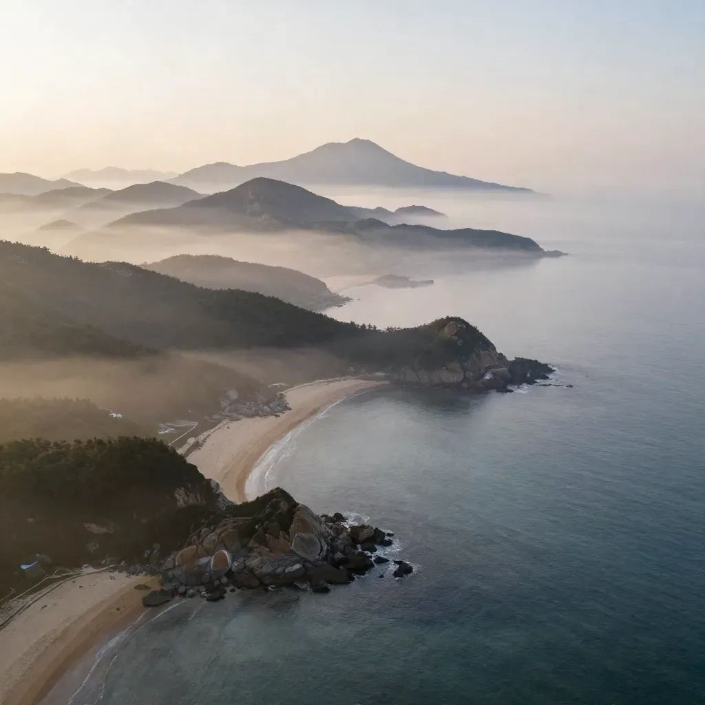 안개 낀 한국 해안과 산 능선이 아침빛 속에 겹겹이 펼쳐진 넓은 풍경