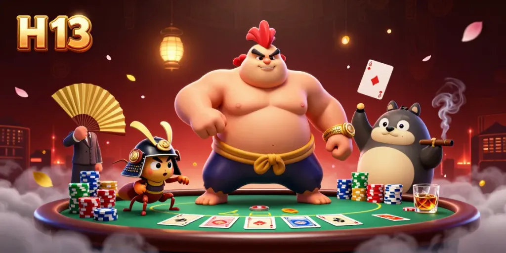 Engage in H 13 with colorful poker elements and action, featuring cartoon characters in a lively casino setting.
