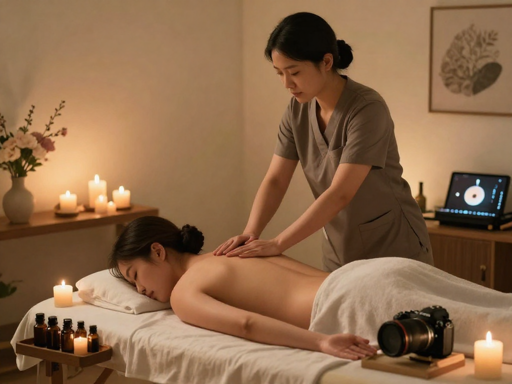 Indulge in 천호출장마사지 with a tranquil home therapy experience, featuring soothing candles and a skilled therapist.