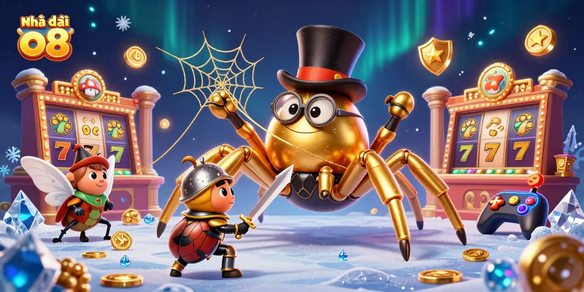 Engage with Nhà cái o8 through a vibrant casino-themed illustration featuring a golden tarantula and lucky elements.