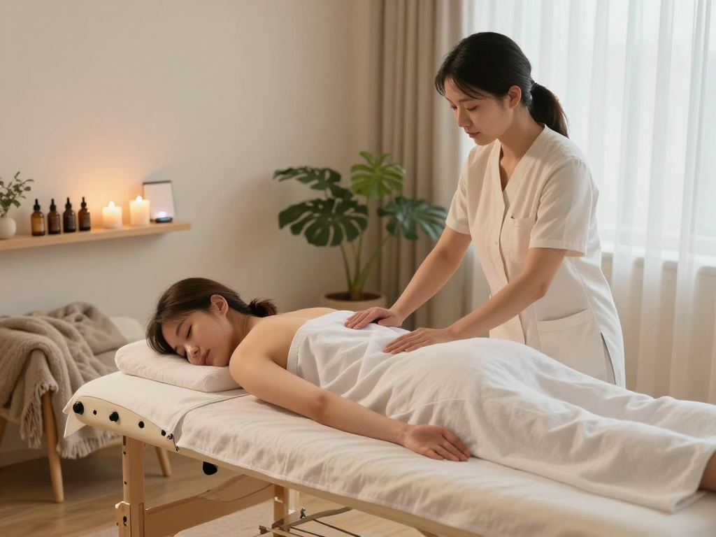 Incheon출장안마 session with therapist providing soothing massage in a serene home setting.
