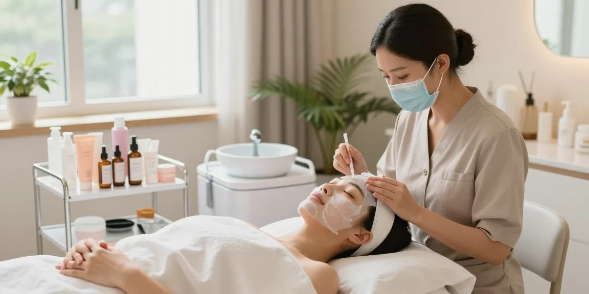 물광필링 치료를 받으며 편안하게 쉬고 있는 모습의 고객과 전문 에스테티션