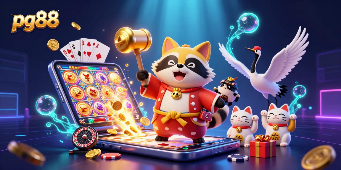 Spin and win at pg88 with a fun and vibrant casino-themed scene featuring cheerful characters and slot games.