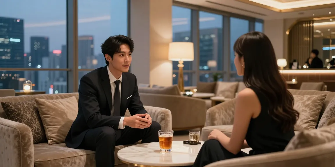 강남블랜딩쩜오, 고급스러운 내부에서 손님과 소통하는 매니저의 모습.