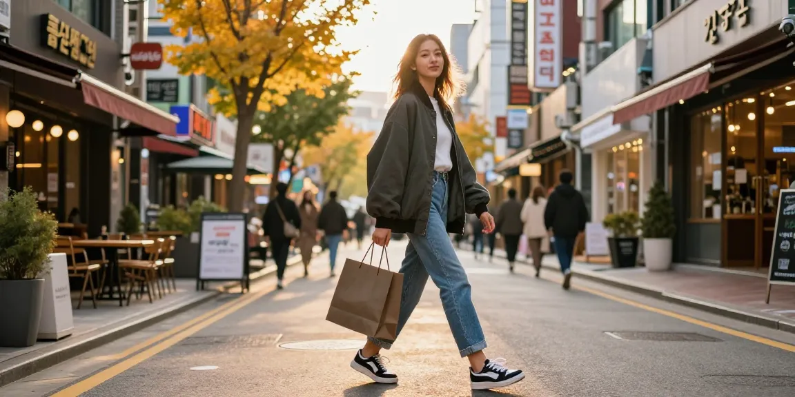 강남 세이렌 거리에서 트렌디한 패션을 입고 있는 젊은 여성, 쇼핑백을 들고 활기찬 도시 분위기 속에 걷고 있음