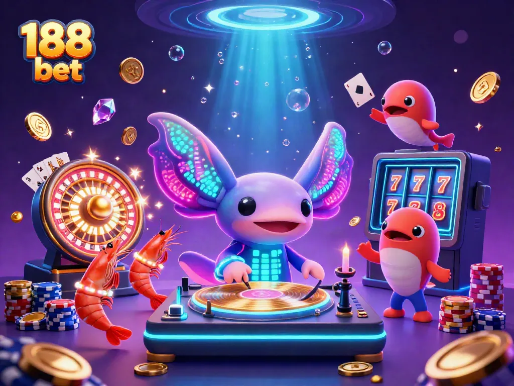 Engage with vibrant 188 bet gaming scene featuring dazzling characters and casino elements.