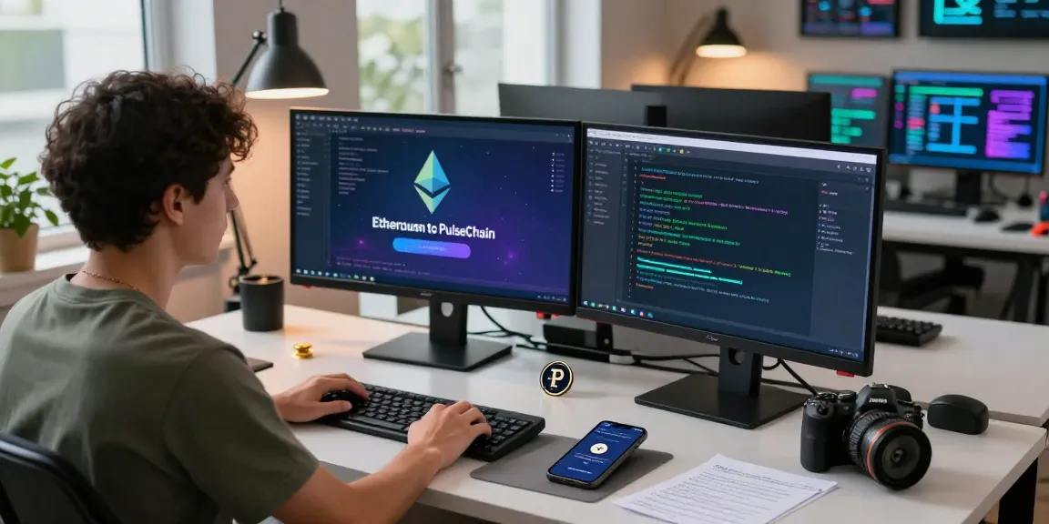 PulseChain Bridge interface on monitors as a developer connects ETH and PLS securely, showcasing modern blockchain transactions.
