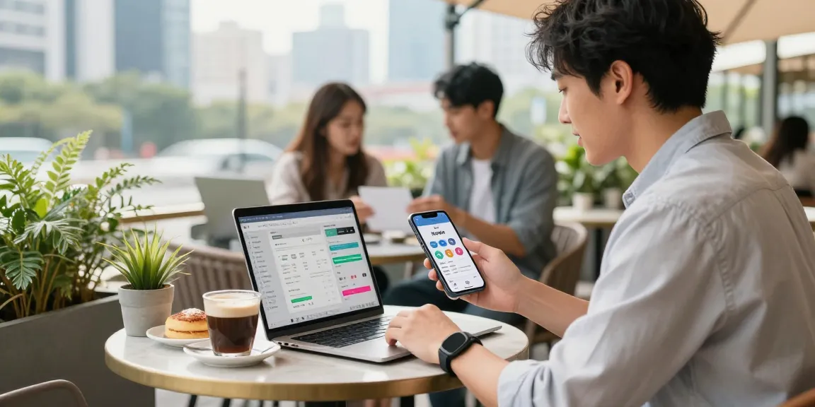 現代的なカフェでスマートフォンの日本人フォロワー購入メトリクスを分析している若いプロフェッショナルの魅力的なシーン。