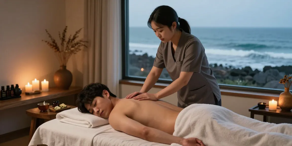 제주마사지로 편안하게 힐링을 받는 남성.