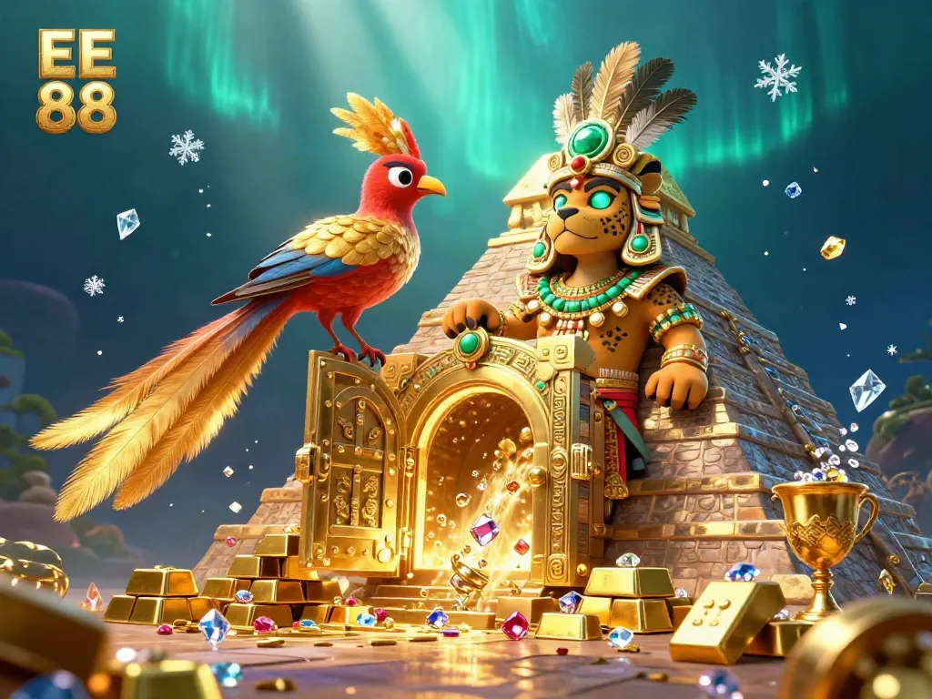 Experience the thrilling atmosphere of EE 88 with a Mayan jaguar priest surrounded by treasure and games.