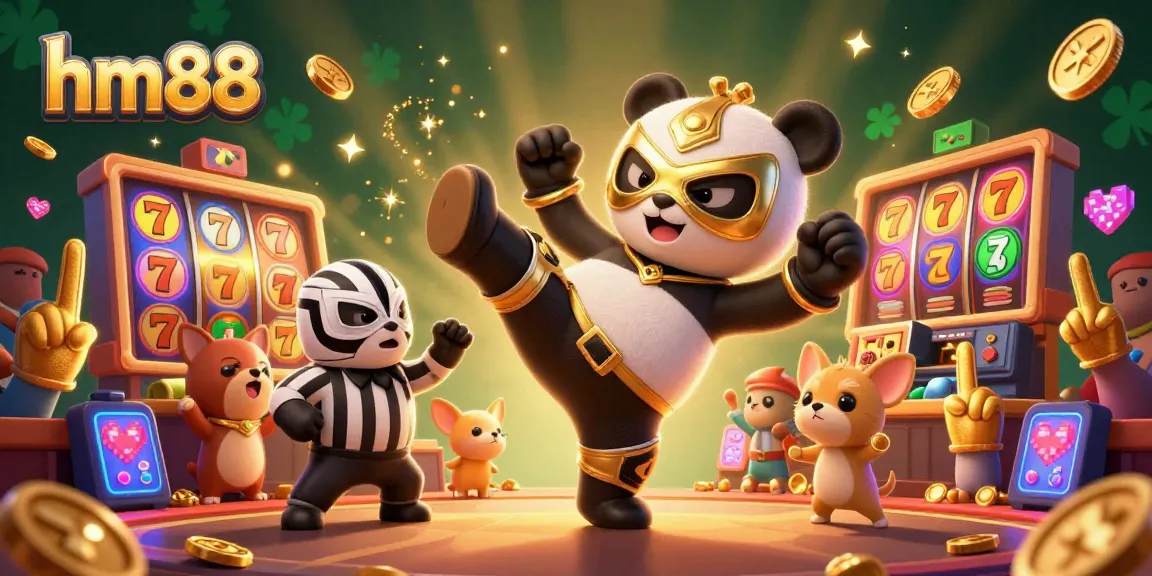 Experience the thrilling hm88 casino atmosphere with a lively wrestling panda illustration.