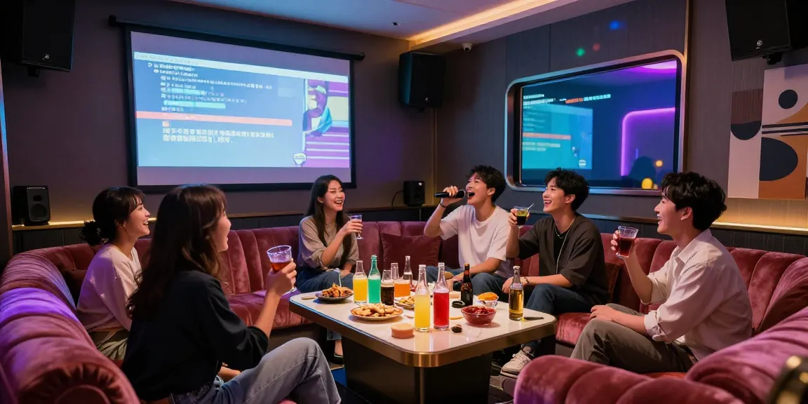 강남쩜오에서 친구들과 즐거운 시간을 보내고 있는 모습, 현대적인 인테리어와 환상적인 조명이 돋보입니다.