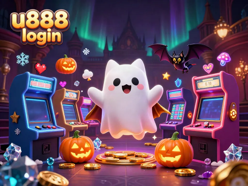 Join the fun with u888 login, featuring an animated ghost cat and bat in a colorful casino.