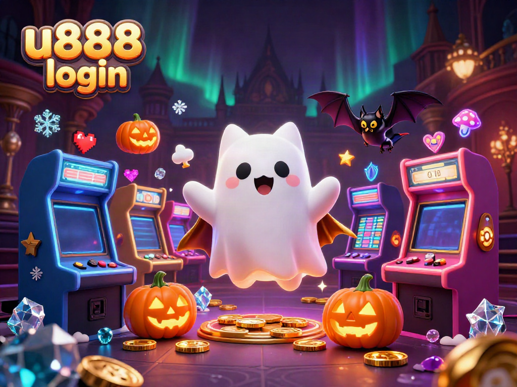 Join the fun with u888 login, featuring an animated ghost cat and bat in a colorful casino.