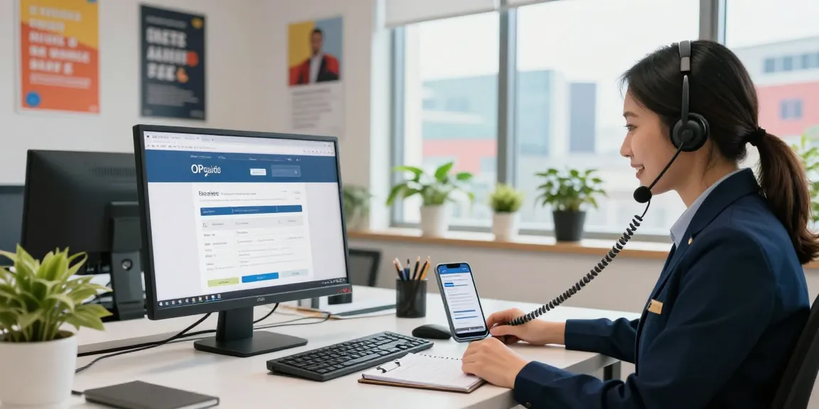 Customer service representative assisting clients about 오피사이트 in a modern office.