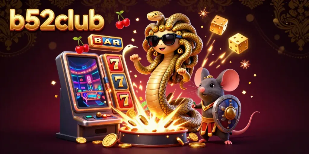 Win big with b52club at the vibrant slot machines, featuring golden snakes and warrior characters in a packed casino scene.