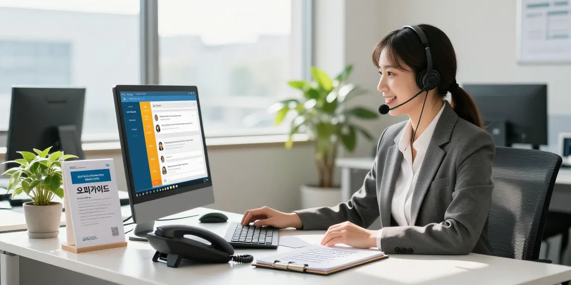 Customer service representative assisting clients with 오피가이드 inquiries in a modern office.