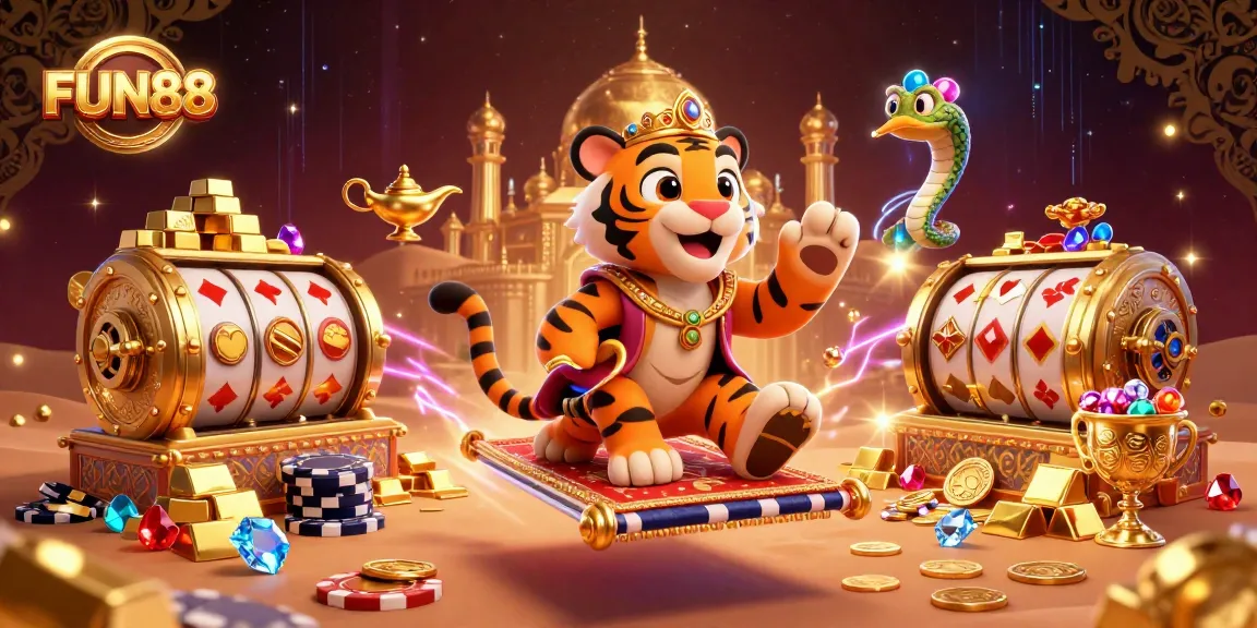 Experience the excitement of FUN88 with a vibrant, detailed 3D casino-themed illustration featuring gold treasures and gaming elements.