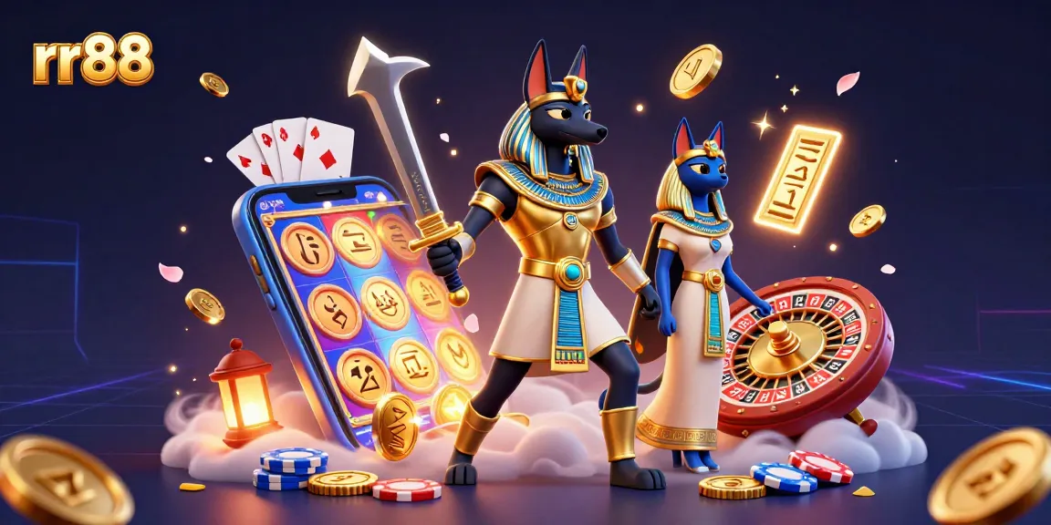 Spin vibrant rr88 slot games with Anubis and Bastet in a dynamic 3D casino scene.