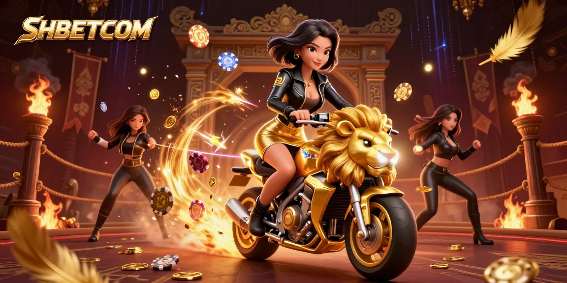 Glamorous Asian woman rides a golden lion, showcasing excitement at SHBETCOM casino.