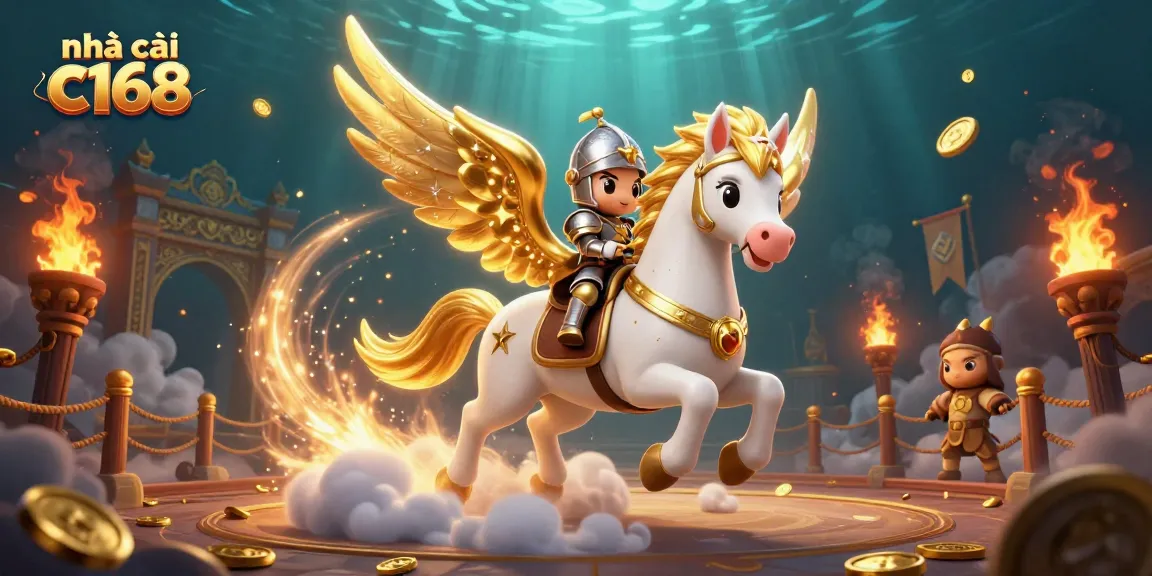 Engage with thrilling games at nhà cái c168, featuring an armored knight and a celestial steed in an enchanting casino world.