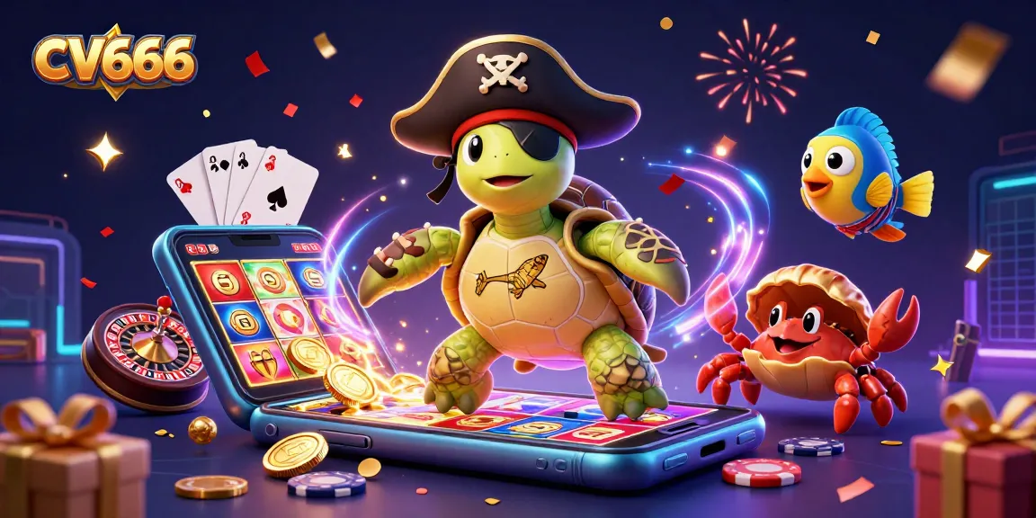Experience the thrill of CV666 with a playful pirate turtle and underwater treasures in a vibrant casino scene.
