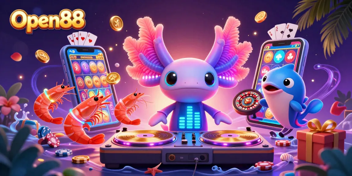 Open88 celebrates casino fun with a vibrant axolotl DJ, shrimp dancers, and exciting game elements.