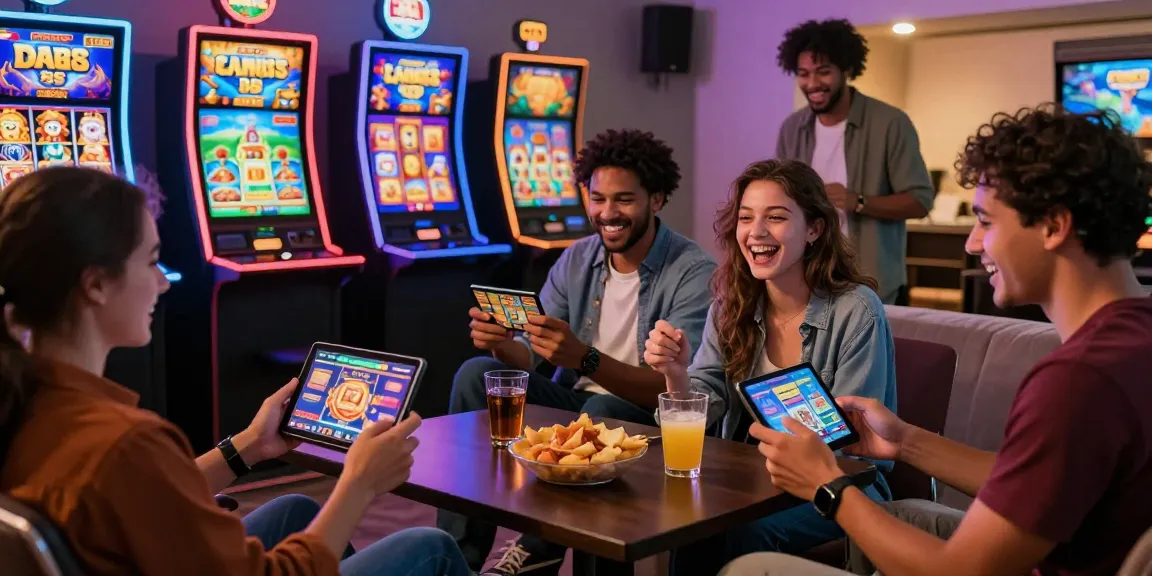 Engaging group of friends enjoying slot88 games on mobile devices during a lively gaming night at home.