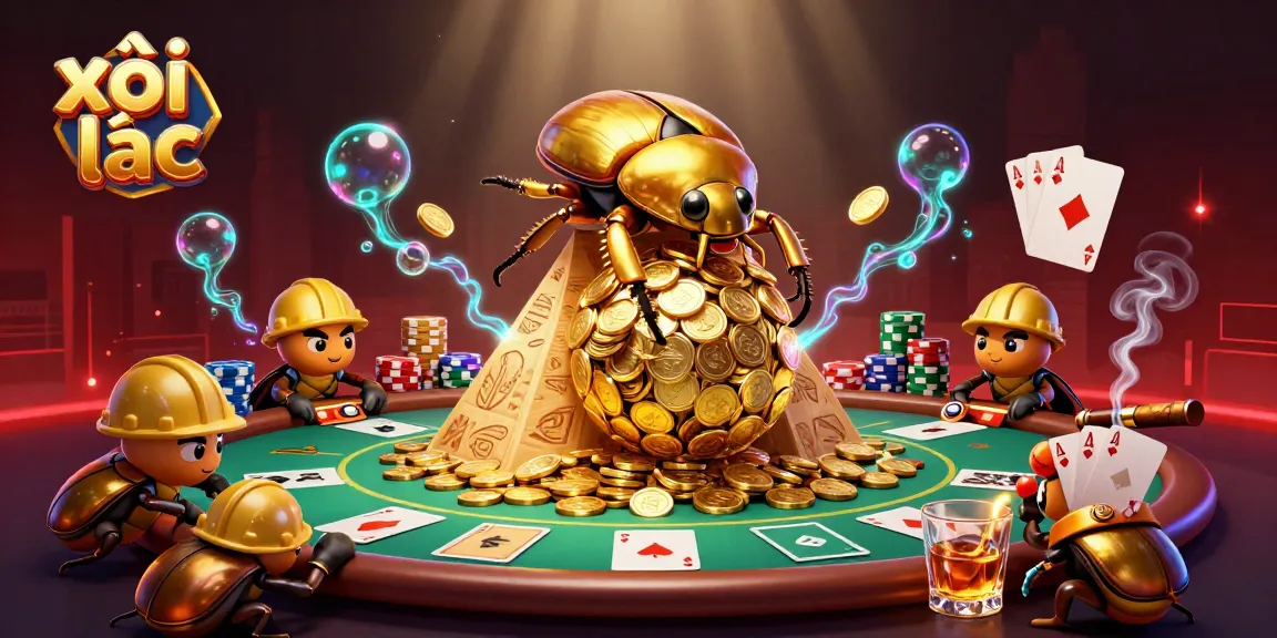 Xôi lạc captures the excitement of gambling as beetles roll golden coins and winning hands in a vibrant casino scene