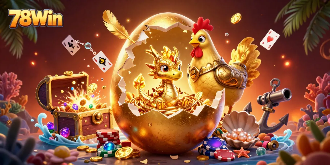 Experience thrilling gaming action with 78Win's golden dragon and poker chips in a vibrant casino scene.