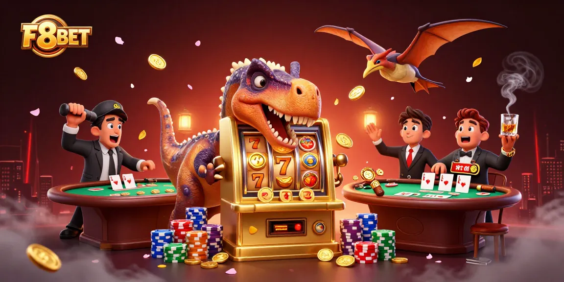F8BET's vibrant scene with a dinosaur winning gold coins from a slot machine, showcasing a bustling casino atmosphere.