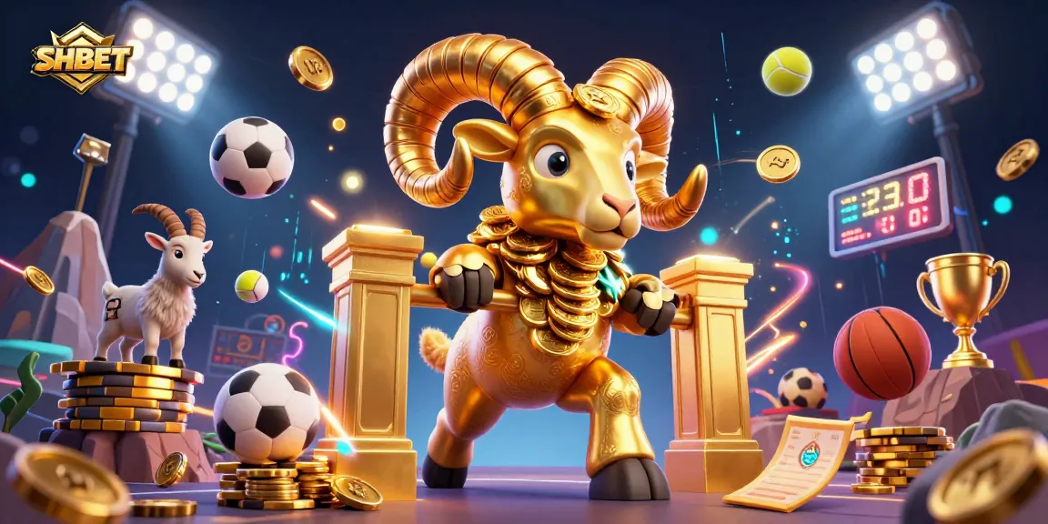 Engage in SHBET online casino with stunning visuals of a golden ram and sports elements.