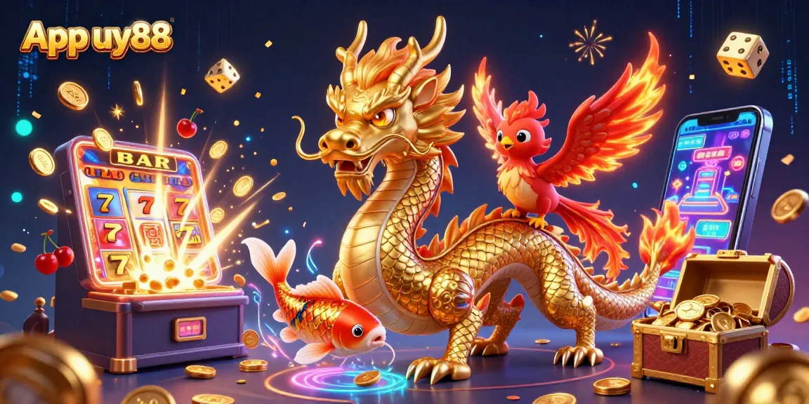 Engage with the App uy88 featuring a golden dragon amidst a jackpot explosion.