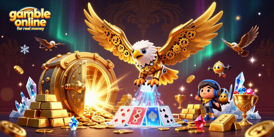 Dive into the thrill and gamble online for real money with a cybernetic eagle soaring through vibrant playing cards and dazzling gold treasures.